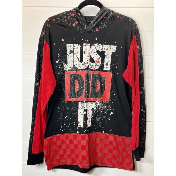 Just Did It All Over Print Nike Parody Red Black Graphic Hoodie Shirt L*REPAIR - Picture 1 of 10